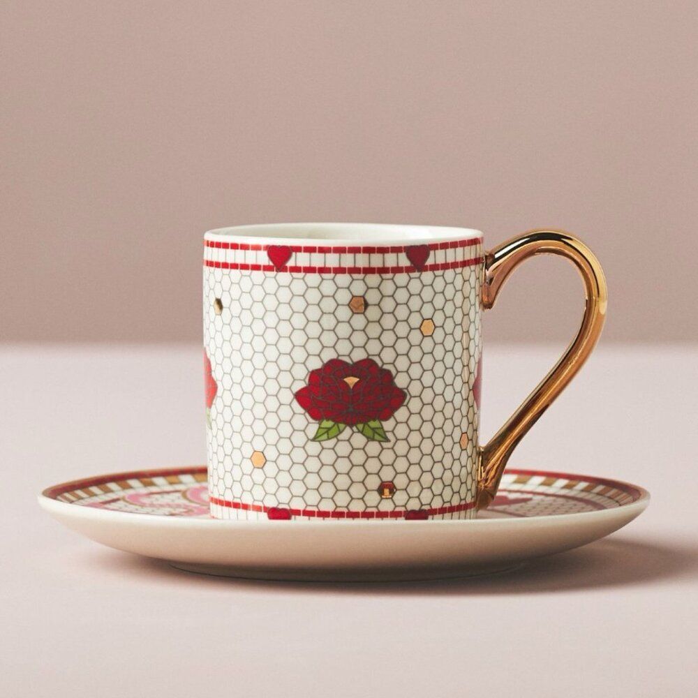 Anthropologie Bistro Tile Valentine’s Espresso Cup & Saucer Set Rose BISOUS NEW